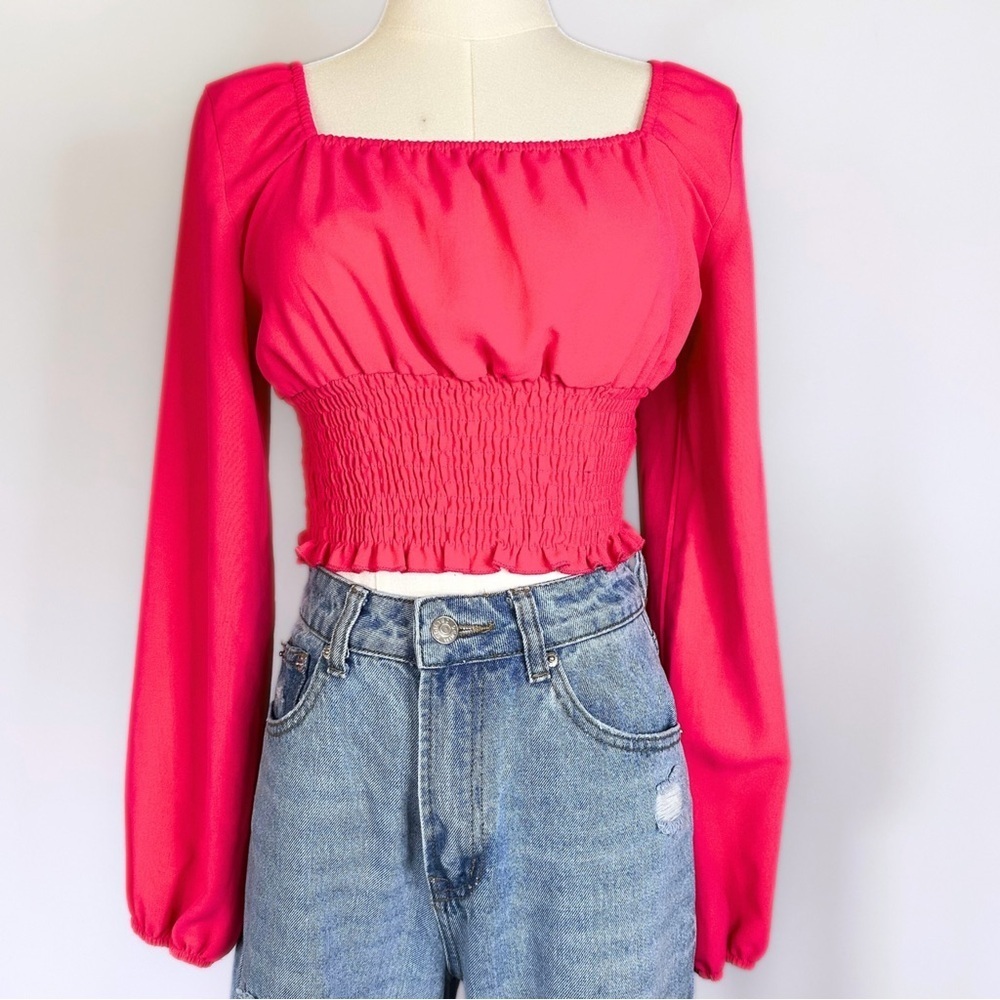Women S Smocked Waist Long Balloon Sleeve Pink Crop Top Cottagecore Coquette
